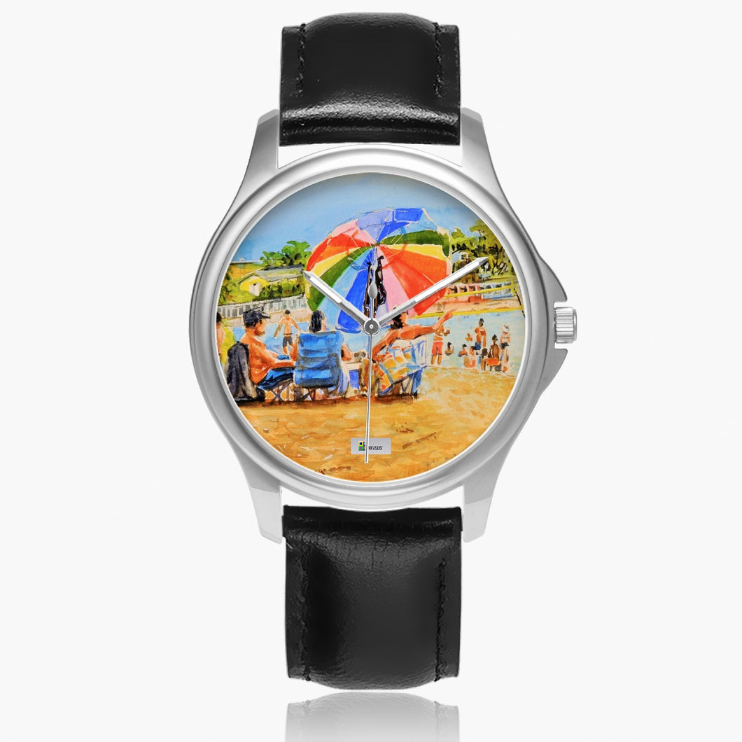 Stylish Classic Leather Strap Quartz Watch (Silver) - Beach Umbrella